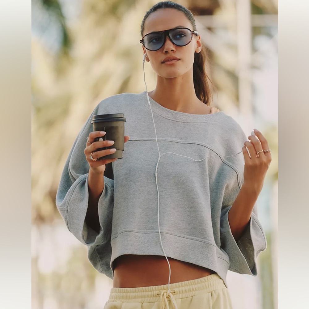 Anthropologie Daily Practice Curved Oversized Cropped Pullover - Light Gray